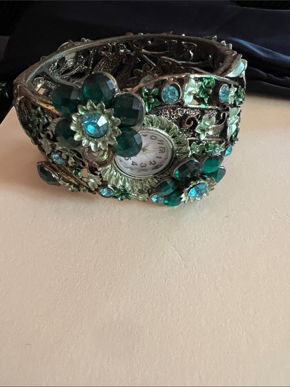 Green Crystal Floral Cuff Watch Bracelet - Women Jewelry